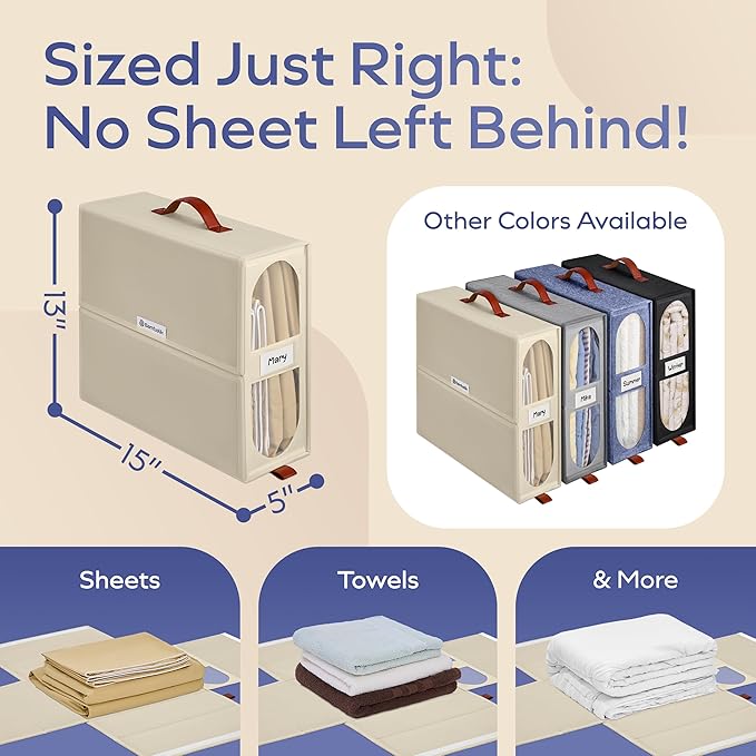 8x Bed Sheet Organizer Storage Boxes with Big See-Through Windows | Bedsheet Organizers Redesigned. Robust Bed Sheet Storage | 15x13x5 in. Sheet Organizers Containers (Off-White)
