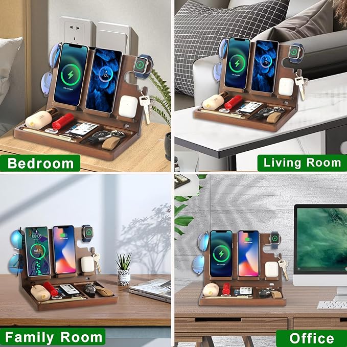 Wood Phone Docking Station Dual Phone Wireless Charging Station Organizer with 4 Wireless Charger Stand for iPhone Samsung iWatch AirPod Mens Nightstand Organizer Anniversary Birthday Gifts for Men