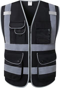 JKSafety 9 Pockets High Visibility Safety Vest for Men and Women, Hi-Vis Reflective Black Safety Vests with Zipper Front, Meet ANSI/ISEA Standards(159-Black M)
