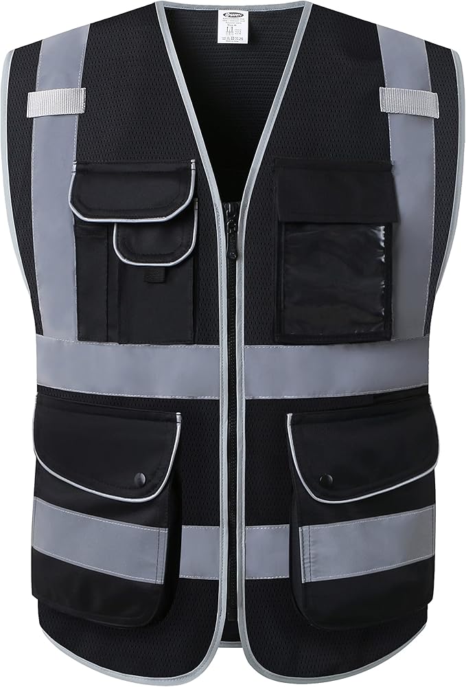 JKSafety 9 Pockets High Visibility Safety Vest for Men and Women, Hi-Vis Reflective Black Safety Vests with Zipper Front, Meet ANSI/ISEA Standards (159-Black 5XL)