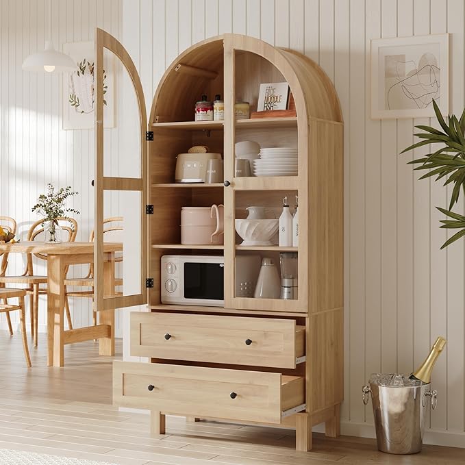 71" Tall Arched Kitchen Pantry, Kitchens Pantry Storage Cabinet with 2 Large Drawers and Adjustable Shelves, Modern Farmhouse Versatile Cupboard for Kitchen, Dining Room, Bathroom, Natrual