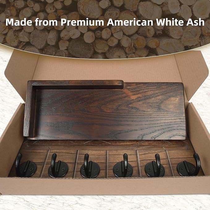 Key Holder Wall Decor-11.8" Solid Ash Wood Entryway Organizer with 6 Hooks & Extra Deep Storage Rack for Key, Mail, Wallet, Leash, Glasses, Hand-Polished & Stained, Easy-Assembly