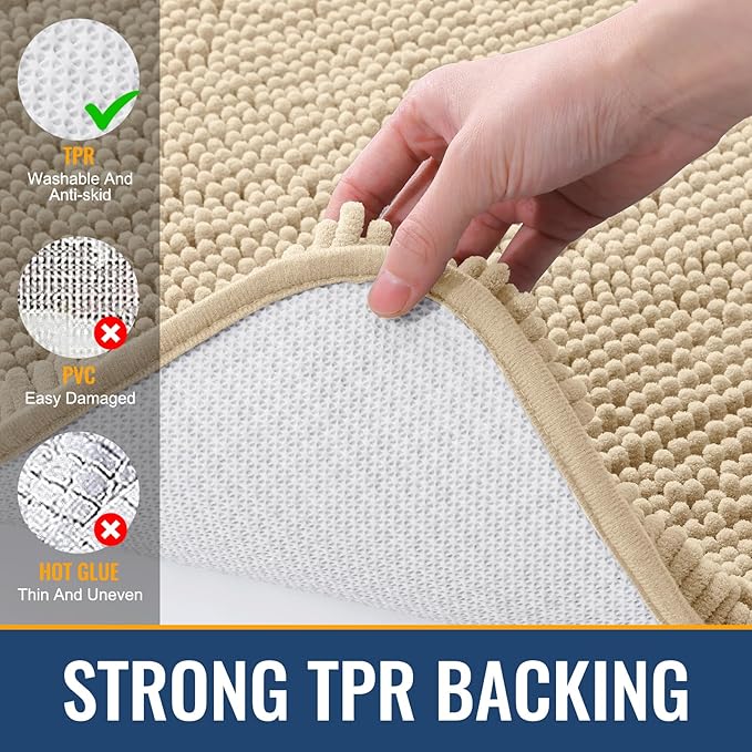 Arotive Bathroom Rugs 47x17, Extra Soft Absorbent Shaggy Chenille Bath Rugs, Machine Washable Rubber Backing Non-Slip Bath Mats for Bathroom Floor Tub and Shower, Home Decor Accessories, Beige