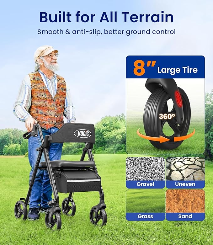 VOCIC Walkers for Seniors, Z21 Rollator Walker with Seat Supports 350lb, 8" Big Wheels for All Terrain, Ergonomic Arc Seat & 6" Ultra Backrest Foldable Walker, Dual Height Adjustment, Lightweight 2025