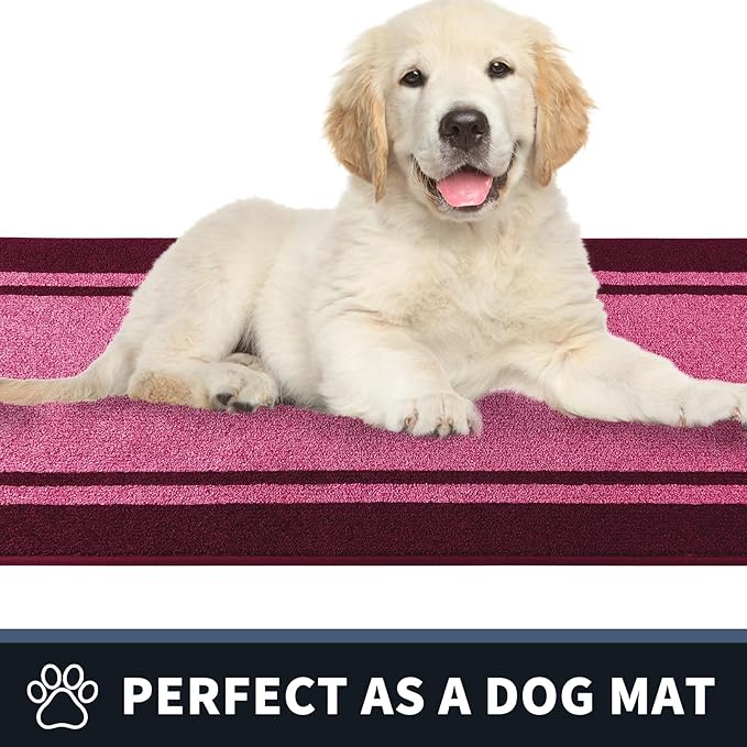 PURRUGS Dirt Trapping Door Mat 24" x 36", Non-Slip/Skid Machine Washable Entryway Rug, Shoes Scraper, Area Rug, Super Absorbent Welcome Mat for Muddy Wet Shoes and Paws, Pink & Burgundy Red