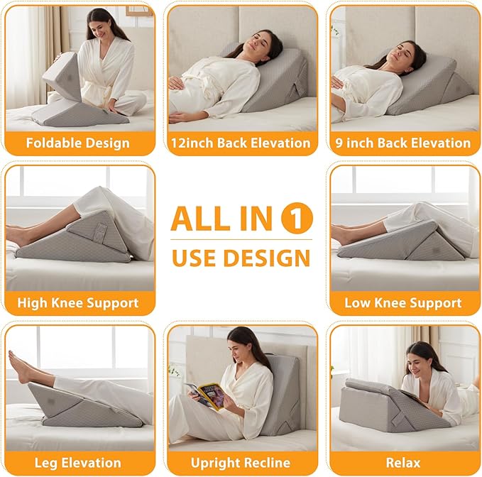 Bed Wedge Pillow for Sleeping, 9&12 Inch Adjustable Wedge Pillow Set for After Surgery, Triangle Pillow for Back Pain Relief, Leg Support, Acid Reflux, Gerd, Grey