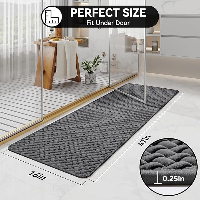 Bathroom Runner Rug Non Slip, Super Absorbent Quick Dry Long Bath Mat, Foam Weave Texture Rubber Backing Ultra Thin Bathroom Mats Fit Under Door Bathroom Floor Bathtub Shower, 16"x 47"
