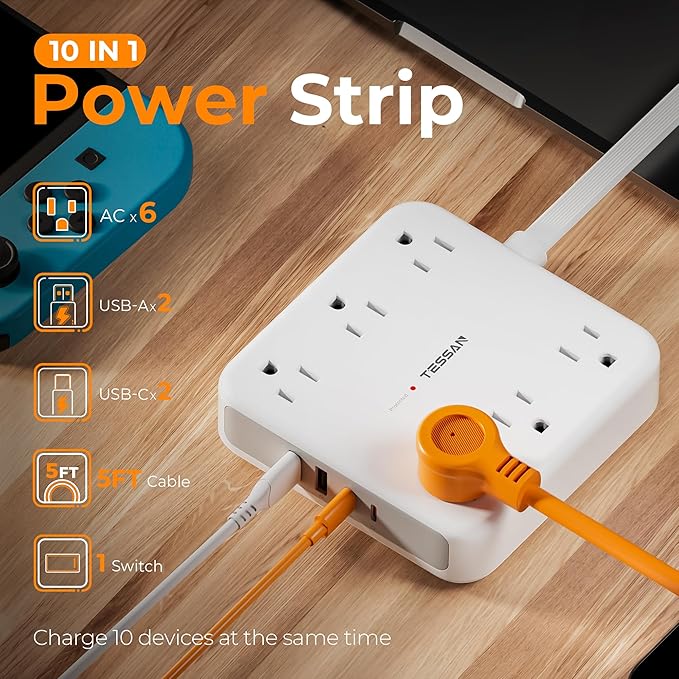 TESSAN Surge Protector Power Strip 2100J, 5 FT Extension Cord with Multiple Outlets Flat Plug, 4 USB (2 USB C) and 6 AC Outlets, Multi Port Charging Station for Home Office Dorm Room Essentials