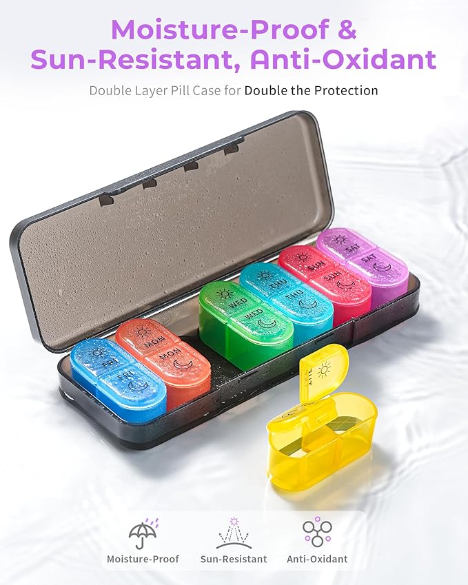 Pill Organizer, 𝐏𝐢𝐥𝐥 𝐁𝐨𝐱 𝟕 𝐃𝐚𝐲, AM & PM Medicine Organizer 7 Days, Weekly Pill Organinzer 2 Times a Day, Pill Case for Travel, Vitamins, Fish Oils, Supplements