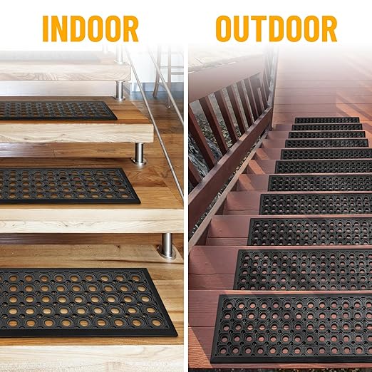 Ottomanson All-Weather Rubber Stair Treads – Non-Slip Step Mats for Wooden, Concrete, or Outdoor Stairs, Easy Maintenance, Tool-Free Placement, Pack of 5, 10" x 30", Black Circles