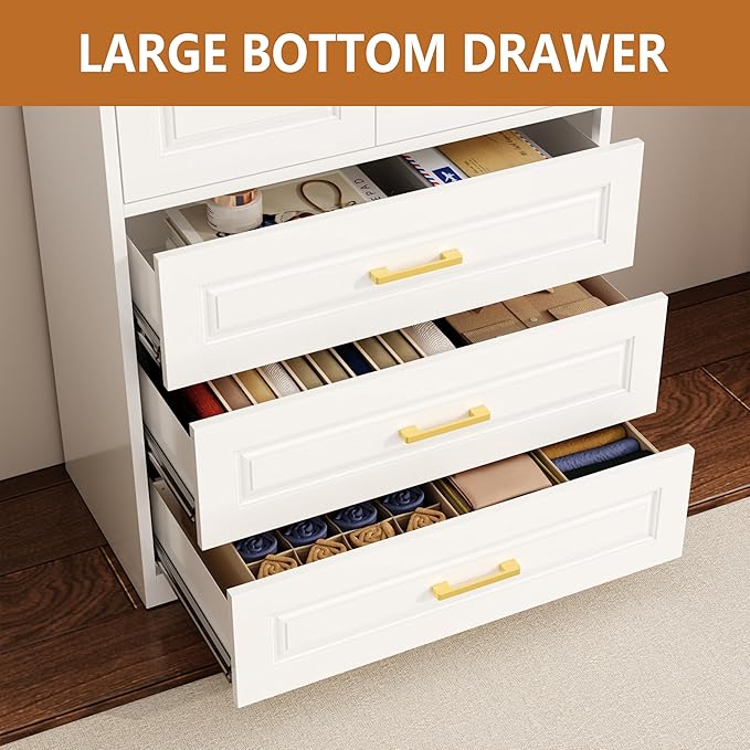 Metal Armoire Wardrobe Closet with Three Drawers, 71“ Tall Large Wardrobe Cabinet with Hanging Rod, Freestanding Wardrobe Cabinet with Doors and Shelves for Bedroom, White, Assemble Required