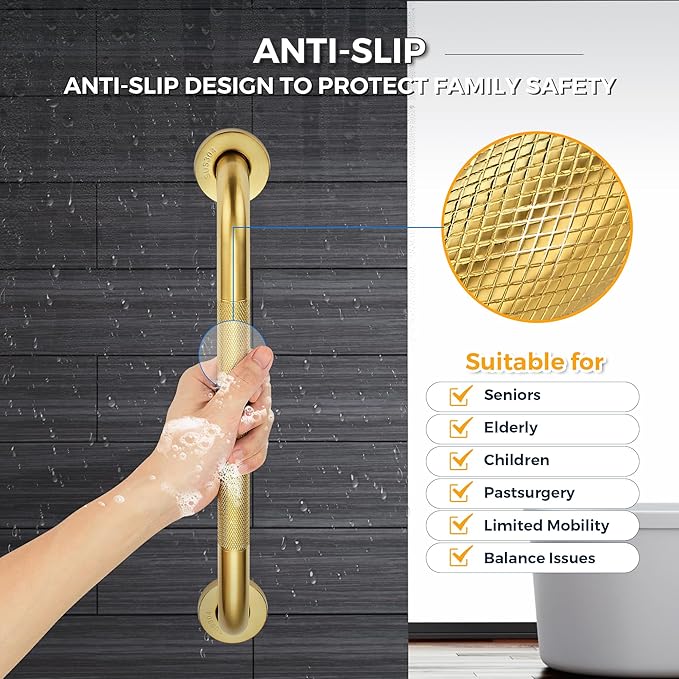Grab Bars for Shower, 2 Pack 12-Inch Anti Slip Shower Handles for Elderly, Safety Shower Grab Bar, Stainless Steel Handicap Grab Bars for Bathroom,Toilet (Gold, 1" Diameter)