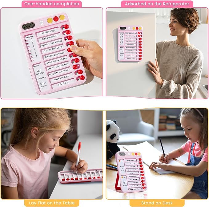 Magnetic Chore Chart for Kids with Time Timer, 99-Min Countdown/Up Visual Timer, Dry-Erase Reward Chart with Sliders, to Do List & Routine Checklist, Visual Schedule, Autism/ADHD Tools (Pink)