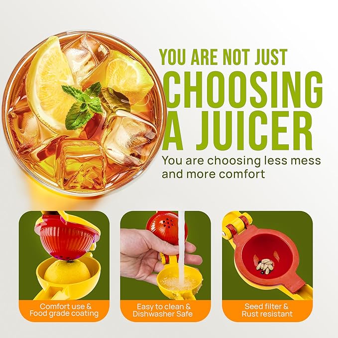 Zulay Kitchen Metal 2-in-1 Lemon Squeezer - Sturdy Max Extraction Hand Juicer Lemon Squeezer Gets Every Last Drop - Easy to Clean Manual Citrus Juicer - Easy-Use Lemon Juicer Squeezer - Yellow/Red