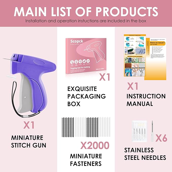 Stitch Gun for Clothes - Handheld Stitch Tag Gun Quick Clothing Fixer - Tagging Gun - Sewing Kit Includes 6 Needle, 1000 Black Fasteners and 1000 White Fasteners (Purple, Grey)