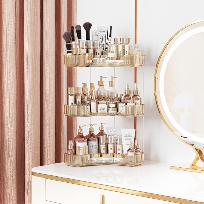 3-Tier Corner Bathroom Counter Organizer with Top Toothbrush Holders,Large Makeup Organizer Countertop with Brush Holder,Skincare Organizers Corner,Exquisite Vanity Organizer (Gold, 3 Tier)