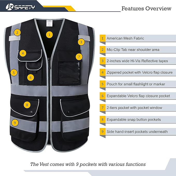 JKSafety 9 Pockets High Visibility Safety Vest for Men and Women, Hi-Vis Reflective Black Safety Vests with Zipper Front, Meet ANSI/ISEA Standards(159-Black M)