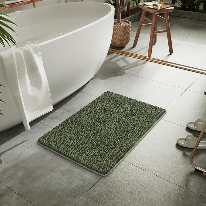 LOCHAS Luxury Bathroom Rug Shaggy Bath Mat 24 x 17 Inch, Washable Non Slip Bath Rugs for Bathroom Shower, Soft Plush Chenille Absorbent Carpets Mats, Olive Green