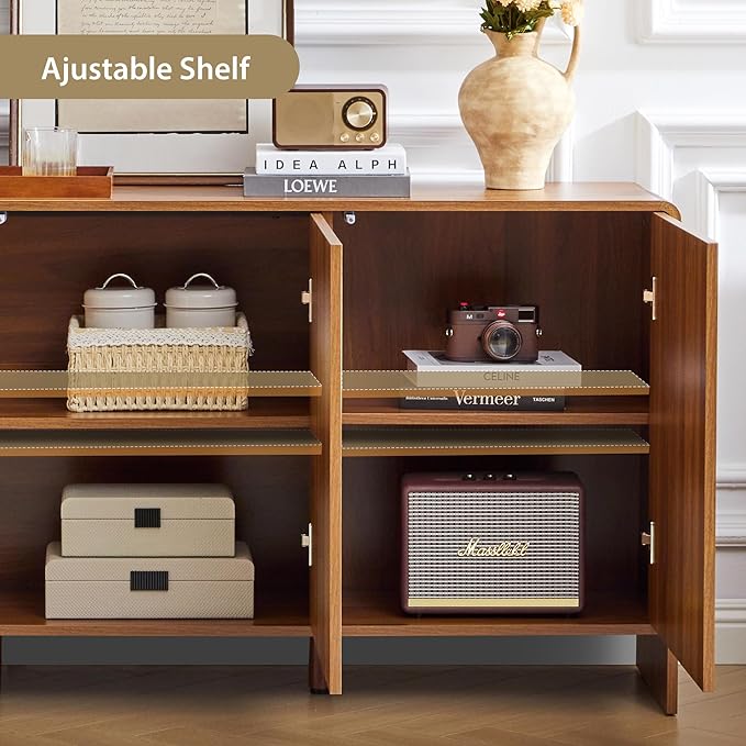 59" Sideboard Buffet Cabinet with Storage, Wood Arched TV Console Storage Cabinet with 3 Doors and Adjustable Shelf, Large Curved Accent Cabinet for Living Room Hallway Kitchen Dining Room, Walnut