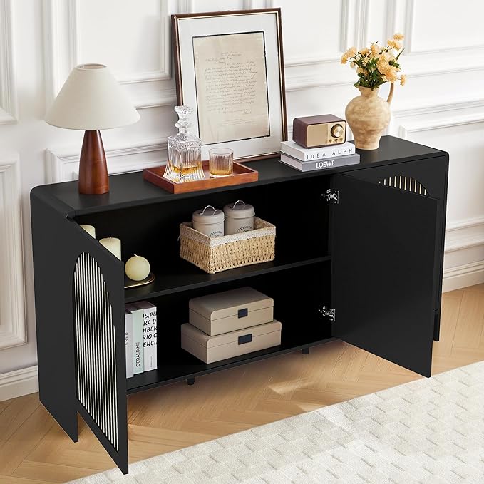 59" Sideboard Buffet Cabinet with Storage, Wood Arched TV Console Storage Cabinet with 3 Doors and Adjustable Shelf, Large Curved Accent Cabinet for Living Room Hallway Kitchen Dining Room, Black