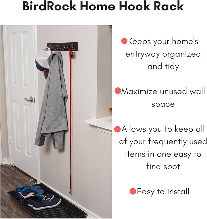 BIRDROCK HOME Dual Hook Coat Rack | 4 Dual Hooks | Wall Mounted Hat Key Rack Rail | Oil Rubbed Bronze Hooks | Dark Brown Pine Bathroom Rail