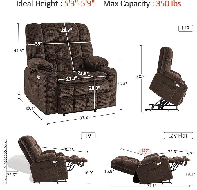 MCombo Dual Motor Power Lift Recliner Chair for Elderly, Lay Flat Lift Chair with Heat and Massage, Extra Wide Lift Recliner for Big People, Cup Holders, Fabric R7897 (Mocha, Medium-Wide)
