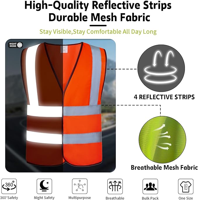 NOBONDO High Visibility Reflective Safety Vests 10 Pack - Enhanced 360 Visibility with Additional Hi Vis Reflective Strips - Breathable Mesh, Bulk Pack for Construction, Traffic, Running, Security