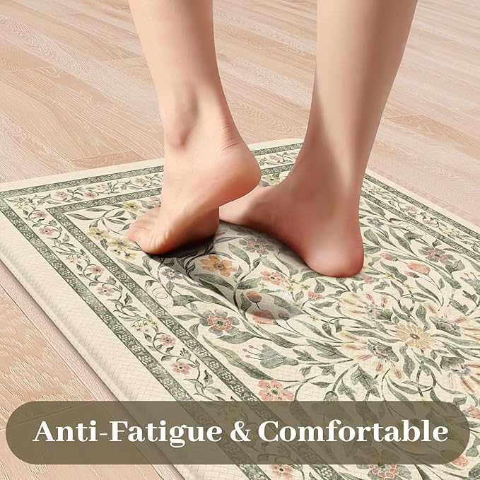 KIMODE Anti Fatigue Kitchen Mats for Floor, Boho Floral Kitchen Rugs Sets of 2, Cushioned Kitchen Floor Mats Non Slip, Comfort Rugs for Kitchen Floor Sink Laundry Desk Beige 17.3"x29"+17.3"x47"