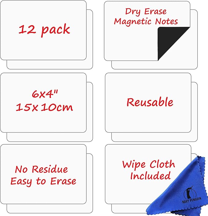 Dry Erase Magnets Set - 12 Pack - 6x4 in Whiteboard Magnetic Notes Planning Pads Labels - Large White Board Magnet Strips Name Tags for Home and Office