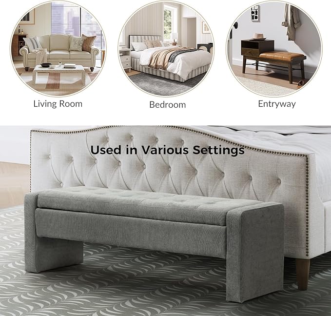 55" Modern Upholstered Storage Bench with Tufted Seat, Fabric Ottoman Bench for Bedroom, Entryway, or Living Room, Soft Close Hinge,Grey