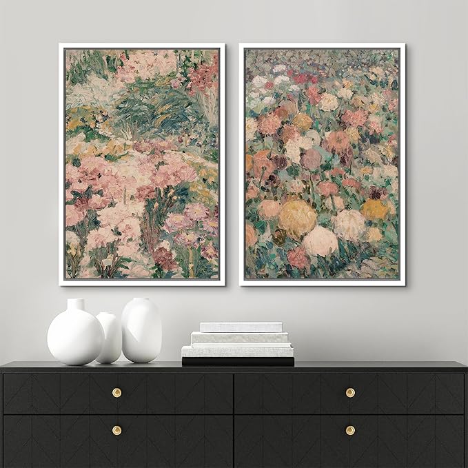 MUDECOR Framed Canvas Print Wall Art Impressionist Floral Garden Vintage Botanical Illustrations Modern Art Decorative Bohemian Colorful Chic for Living Room, Bedroom, Office - 16"x24"x2 White