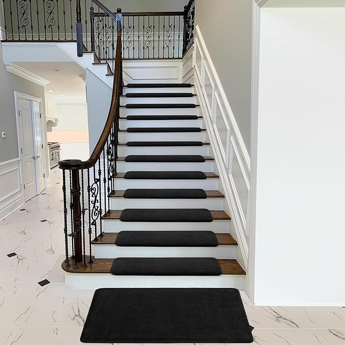 PURE ERA Carpet Stair Treads Ultra Plush 9.5" X 30"Soft Bullnose Indoor Stair Protectors Pet-Friendly Non-Slip Skid Resistant Tape Free Washable Reusable(2 Pieces,Black)