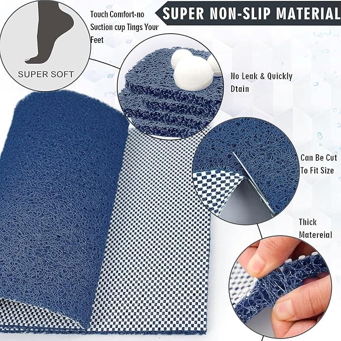 godehone Shower Mats Non Slip Without Suction Cups, PVC Loofah Bathroom Mats, Loofah Mats for Shower and Bathroom, Quick Drying, 23.6× 47.2 Inch, Blue