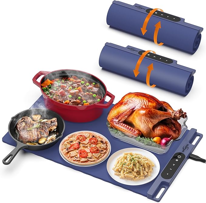 Electric Warming Mat for Food (2-Pack)-Full Surface Fast Heating Silicone Warmer Tray with 3-Level Temperature, Auto-Off, Raised Feet for Table Protection for Gatherings, Parties,Home Buffets