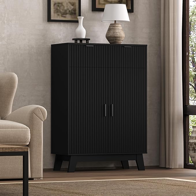 Fluted Shoe Cabinet, 4-Tier Mid Century Modern Narrow Shoe Storage Cabinet with Doors & 2 Drawers, Adjustable Shelves, Freestanding Hidden Shoe Rack Organizer & Wooden Legs for Entryway