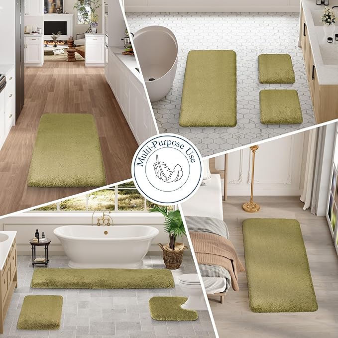 Walensee Bath Rug Non Slip Absorbent Olive Green Microfiber Shaggy Mat (16 x 24), Machine Washable Thick Plush for Shower