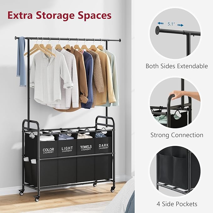 Tajsoon Laundry Sorter Cart with Hanging Clothes Rack, 4 Butler Sorter Basket Organizer, Laundry Hamper Cart with Heavy Duty Rolling Lockable Wheels, Black
