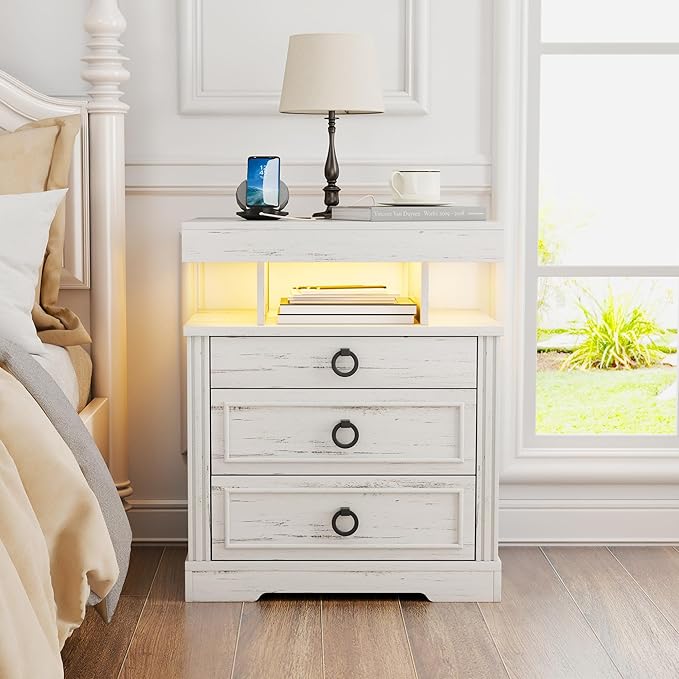 Gurexl Farmhouse Night Stand with Lockable Gun Drawer,LED Nightstand with Charging Station,Bedside Table with Human Sensor 3-Color Lights,End Table with 3 Drawers,Bedroom,White