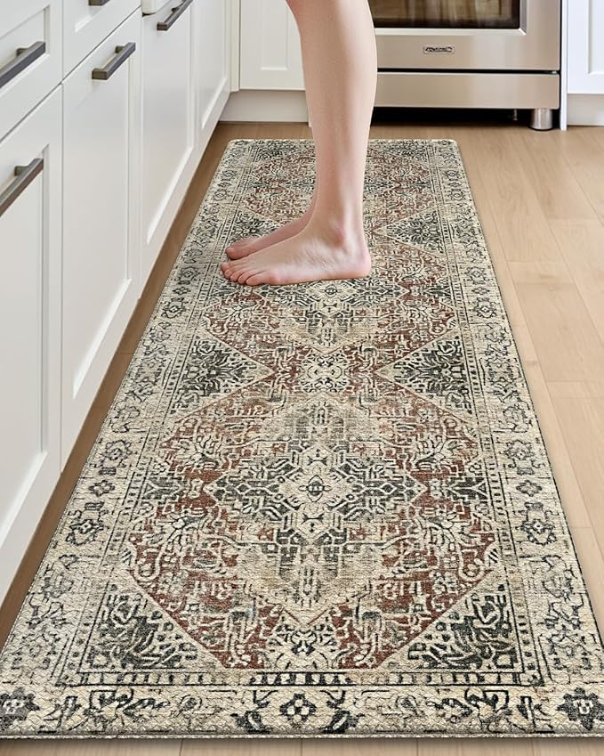 DEXI Kitchen Mats for Floor Cushioned, 23x86 Extra Large Long Runner Rug Non Slip, Waterproof Soft Comfort Standing Padded Anti Fatigue Decorative Cream Red