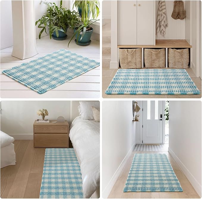 Waffle Bath Mat, Boho Bathroom Rugs Non Slip Washable Absorbent Checkered Bathroom Mat Quick Dry Cute Bath Mat, 48"x24" Blue and White