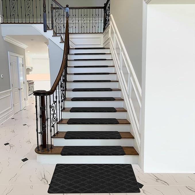 PURE ERA Bullnose Carpet Stair Treads Tape Free Non-Slip Indoor Stair Protectors Pet Friendly Stair Treads for Wooden Steps 9.5" x 30"(2 Pieces,Black Diamond Trellis)