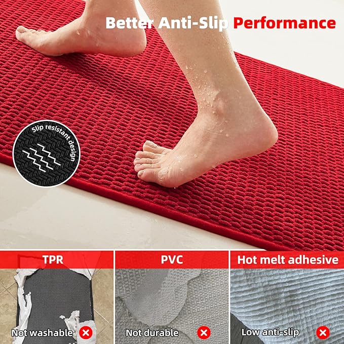 Christmas Bathroom Rugs Non Slip Washable, Super Absorbent Thin Bath Mat Small Quick Dry Low Pile Bathroom Rug, Red 20"x30"