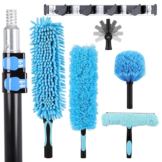 20 Foot High Ceiling Fan Duster with 5-12ft Extension Pole, Heavy Duty High Reach Duster Kit for Cleaning, Spider Web Brush, Washable Dust Brush for High Roof and Glass Surfaces