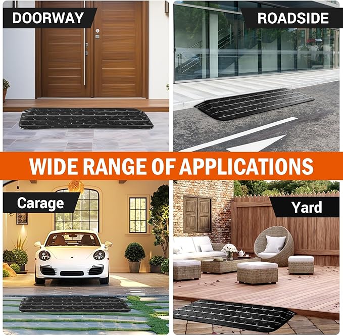 Rubber Wheelchair Threshold Ramp, 1"/1.5"/2"/2.5"/3"/3.5"/4" Rise Options, Wheelchair Ramp 7000Lbs Load Capacity, Non-Slip Textured Surface for Wheelchairs, Scooters (2.0" Rise)
