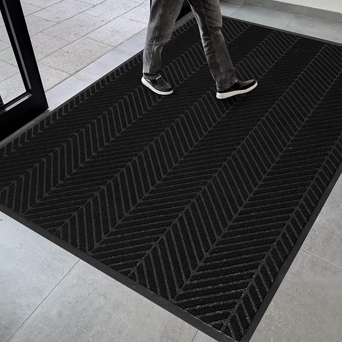 4′ x 6′ Heavy Duty Front Door Mat Indoor Outdoor Entrance, Large Non-Slip All Weather Commercial Floor Mat for Entryway, Low Profile Waterproof Vinyl Rug for House (48" x 72", Black)