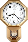 JUSTIME Traditional Schoolhouse Easy to Read Regulator Wall Clock, Chiming Wall Clocks with Pendulum & Westminster Chime Hourly, Schoolhouse Wall Decor Battery Operated (Painted Gold)