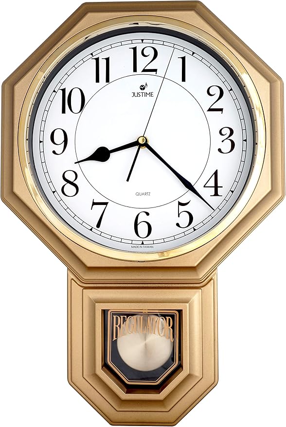 JUSTIME Traditional Schoolhouse Easy to Read Regulator Wall Clock, Chiming Wall Clocks with Pendulum & Westminster Chime Hourly, Schoolhouse Wall Decor Battery Operated (Painted Gold)