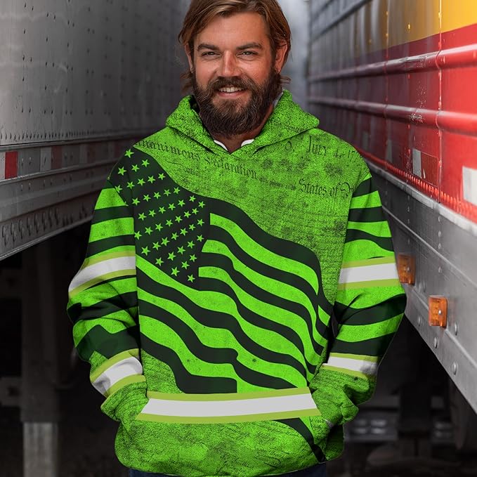 US Flag High Visibility Hoodie for Men Reflective Hoodie Safety Workwear for Worker Runner Patriotic ACC02