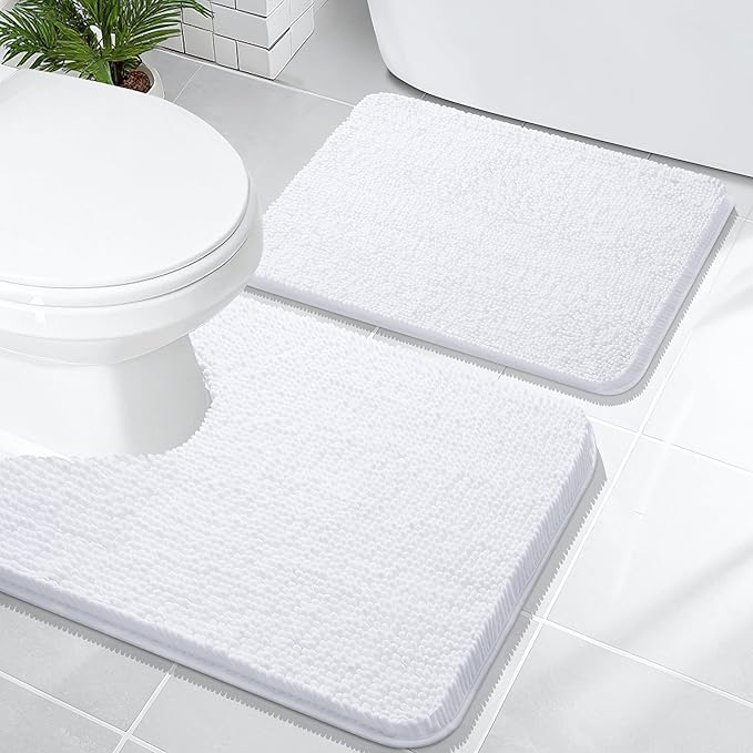 OLANLY Bathroom Rugs Sets 2 Piece, Soft Absorbent Chenille Bath Mats and U-Shaped Contour Toilet Mat Area Rug Set, Machine Washable Bath Carpet, Home Decor Accessories(24"x16"+24"x20", White)