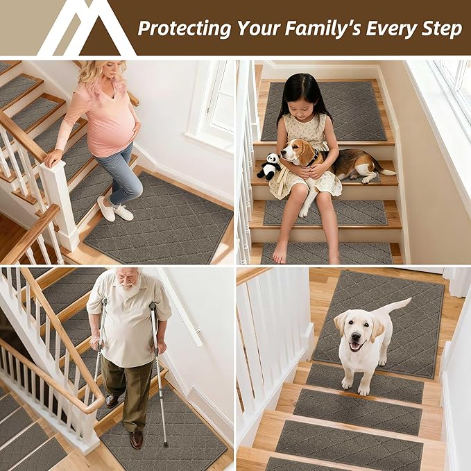 COSY HOMEER Stair Landing Rugs Non-Slip Corner Indoor Edging Stair Treads for Wooden Steps,Washable Soft Stair Landing Mat for Kids,Elder and Dogs,Polyester,TPE Backing,Light Brown,30x30inch